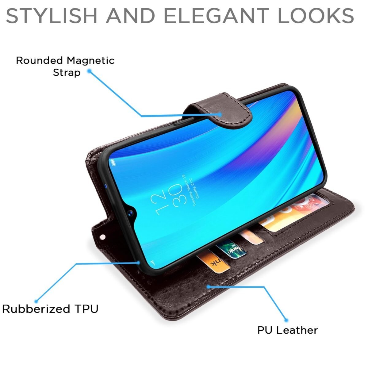 Realme 3 Pro Flip Cover Leather Finish | Inside TPU with Card Pockets | Wallet Stand and Shock Proof | Complete Protection Flip Case (Coffee)
