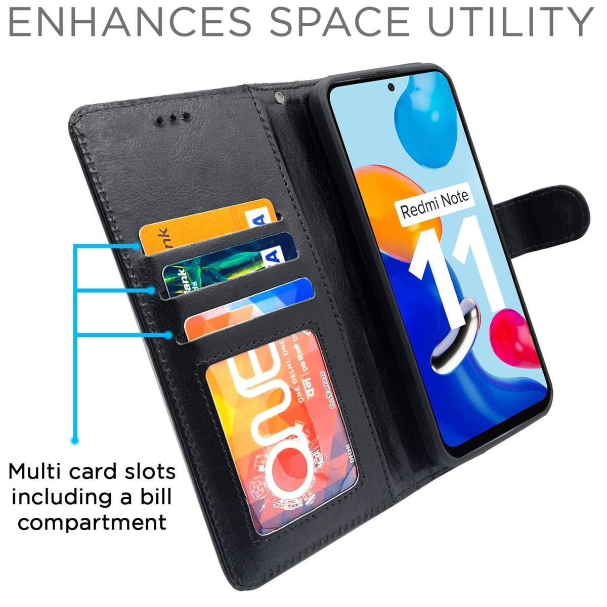 Mi Redmi Note 11 / Note 11s Flip Cover | PU Leather Finish | 360 Protection | Wallet & Stand | Strong Magnetic Flip Case for Mi Redmi Note 11 / Note 11s (Black)