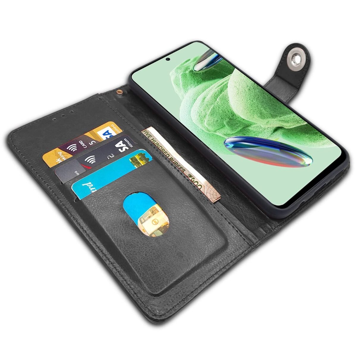 Redmi Note 12 Pro 5G Flip Cover Leather Finish | Inside TPU with Card Pockets | Wallet Stand and Shock Proof | Complete Protection Flip Case (Button Black)