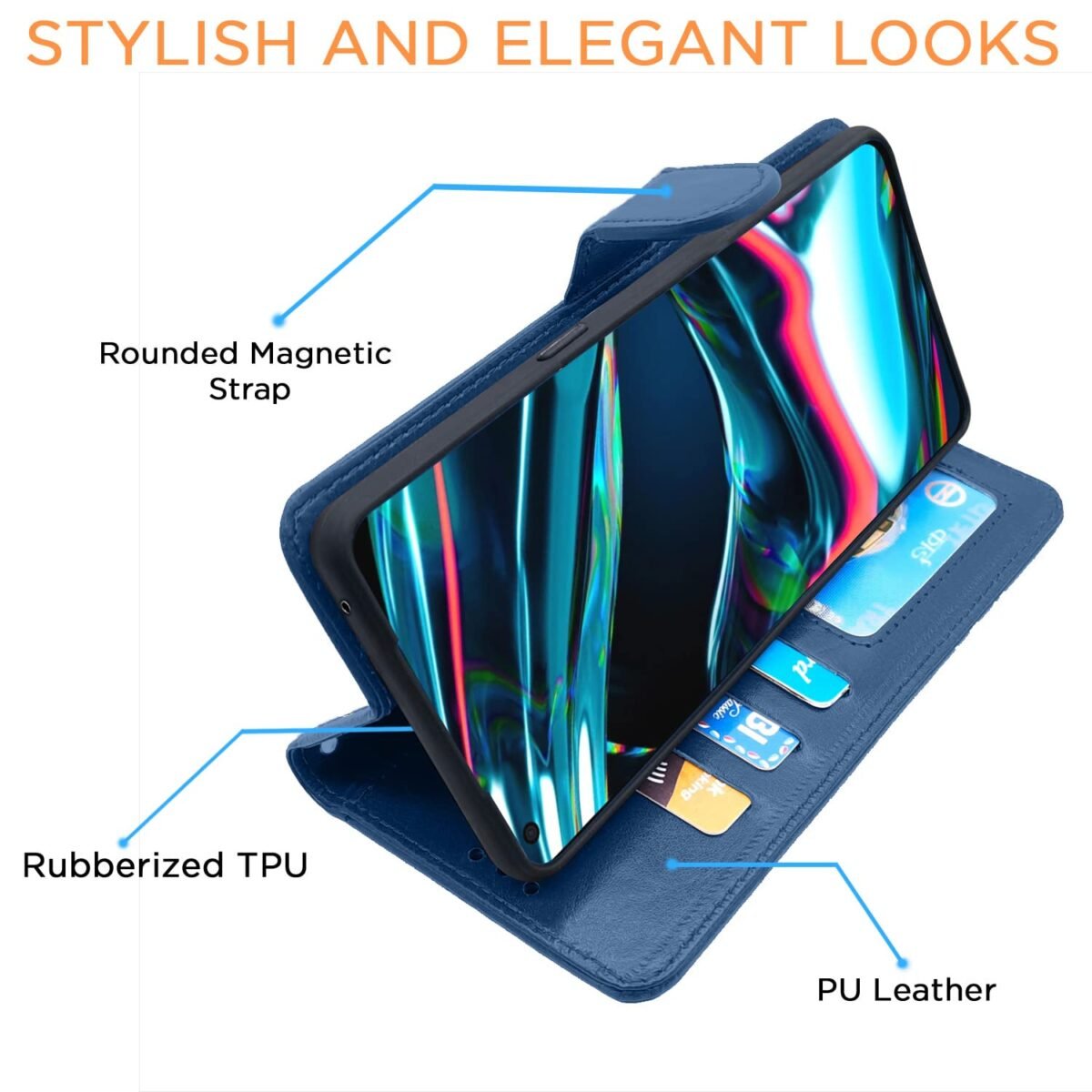 Realme 7 Pro Flip Case Leather Finish | Inside TPU with Card Pockets | Wallet Stand and Shock Proof | Magnetic Closing | Complete Protection Flip Cover for Realme 7 Pro (Blue)
