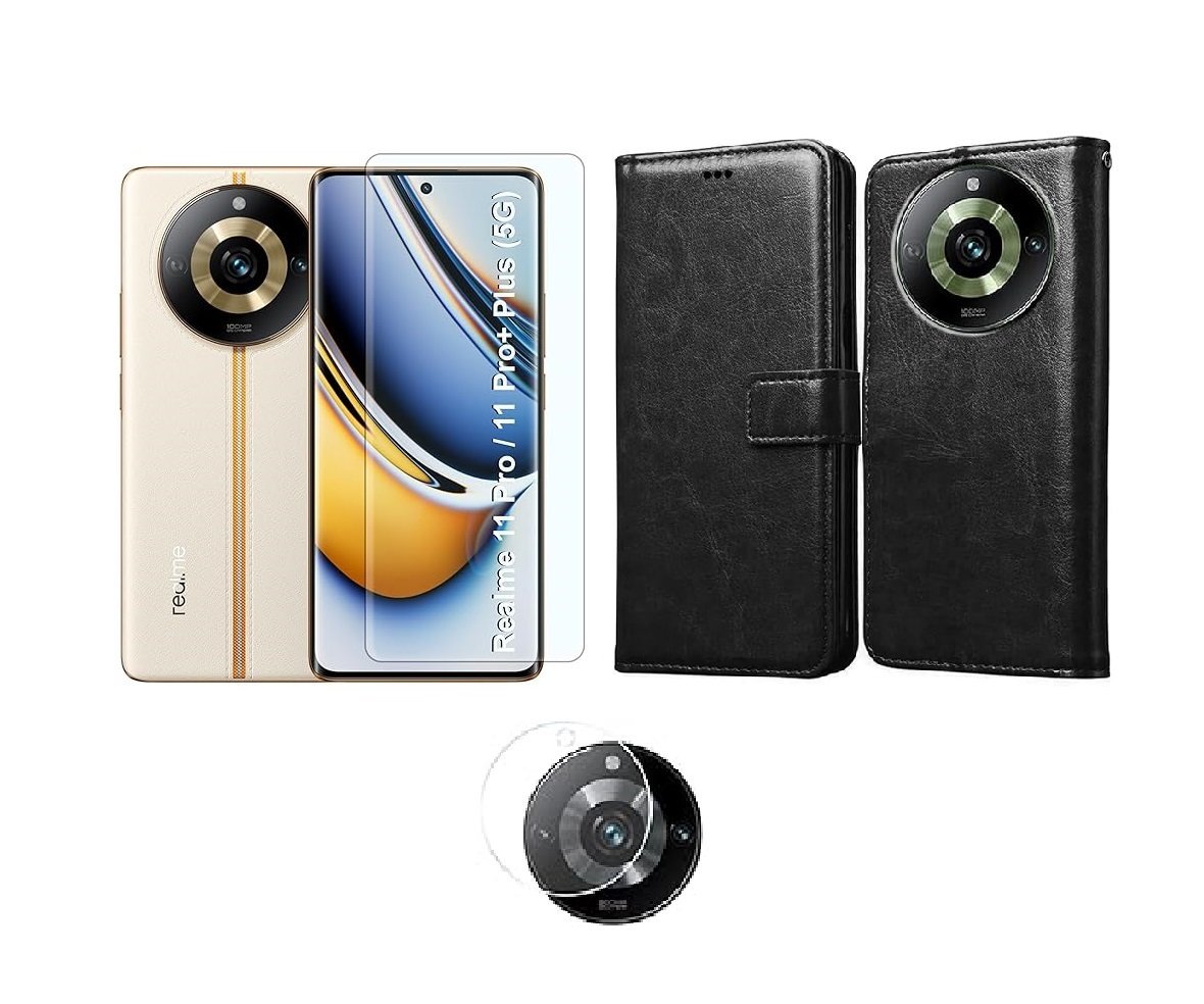 3 in 1 Combo Pack for Realme 11 Pro 5G – Flip Black (Back Cover + Camera Lens Protector + Tempered Glass) 3 in 1 Combo Pack for Realme 11 Pro 5G – Flip Black (Back Cover + Camera Lens Protector + Tempered Glass)
