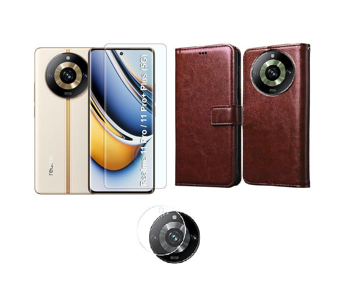3 in 1 Combo Pack for Realme 11 Pro 5G – Flip Brown (Back Cover + Camera Lens Protector + Tempered Glass) 3 in 1 Combo Pack for Realme 11 Pro 5G – Flip Brown (Back Cover + Camera Lens Protector + Tempered Glass)