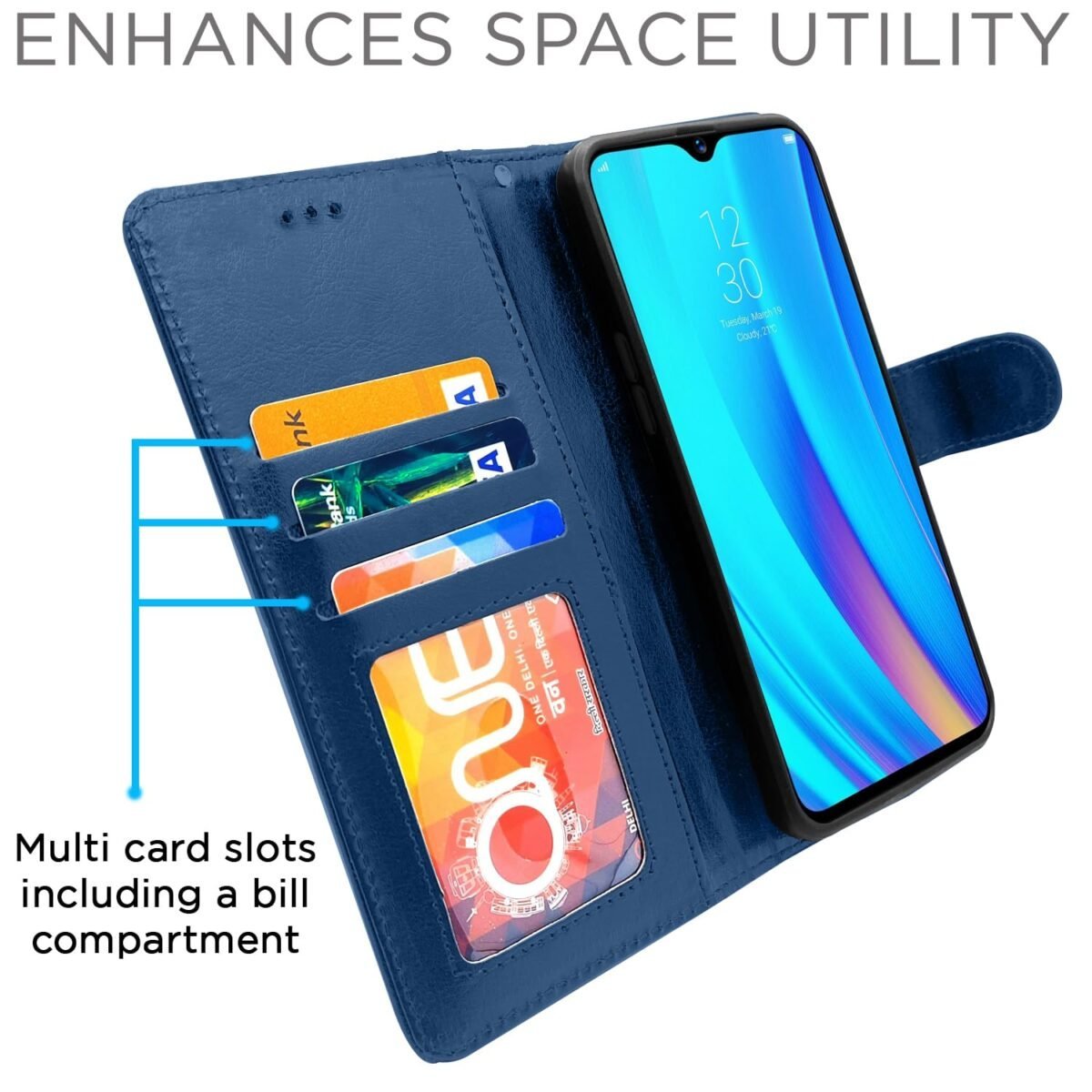 Realme 3 Pro Flip Cover Leather Finish | Inside TPU with Card Pockets | Wallet Stand and Shock Proof | Complete Protection Flip Case (Blue)