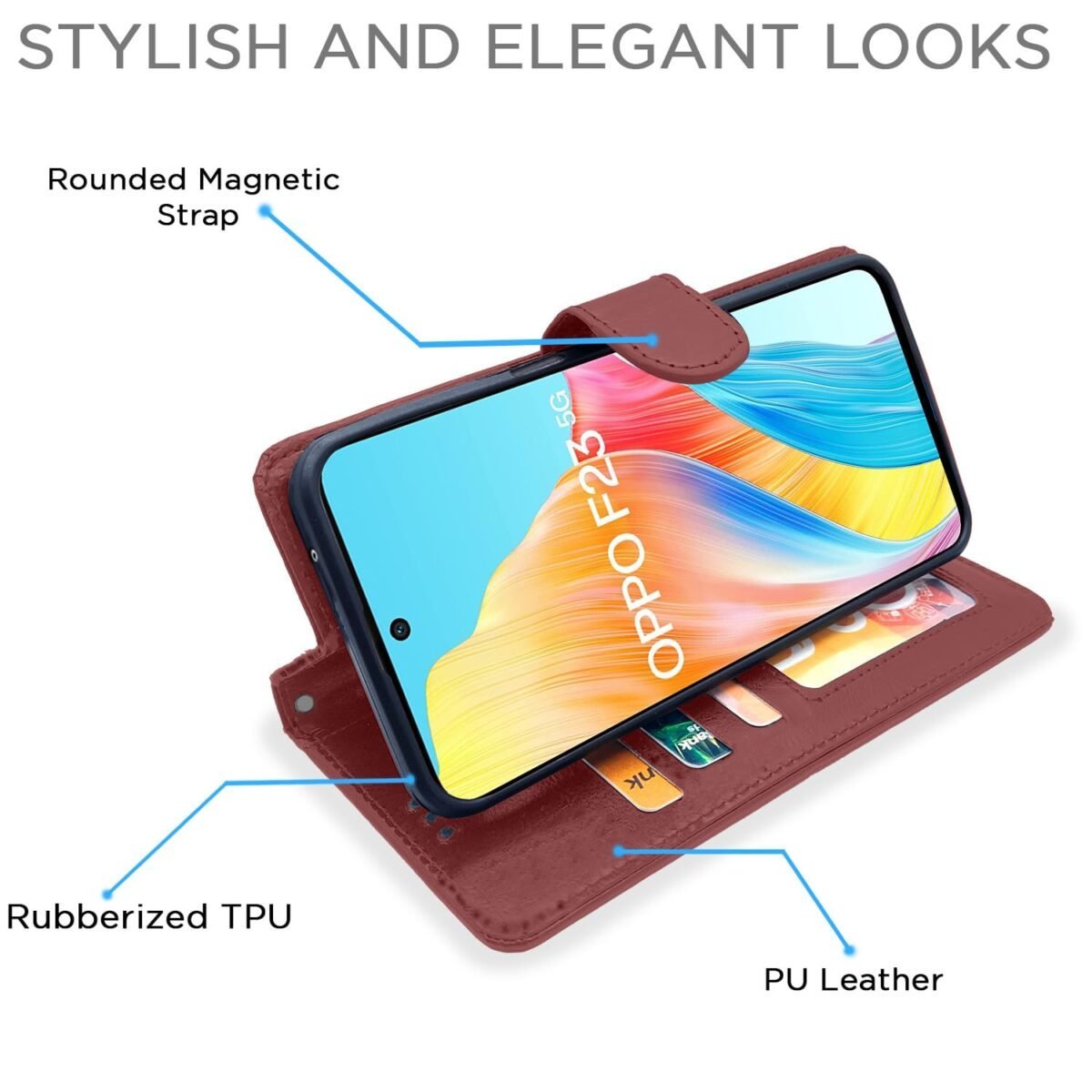 Oppo F23 5G Flip Cover Leather Finish | Inside TPU with Card Pockets | Wallet Stand and Shock Proof | Complete Protection Flip Case (Brown)