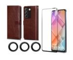 Vivo Y200e 5G / Vivo T3 5G Protection Combo | Leather Finish Shockproof Flip Cover  + Tempered Glass + Camera Lens Glass (Brown)