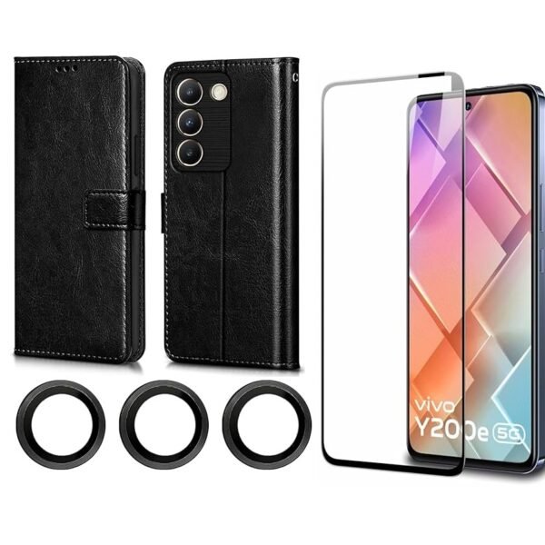 Combo  pack for Vivo Y200e 5G / Vivo T3 5G Protection | Leather Finish Shockproof Flip Cover + Tempered Glass + Camera Lens Glass (Black)