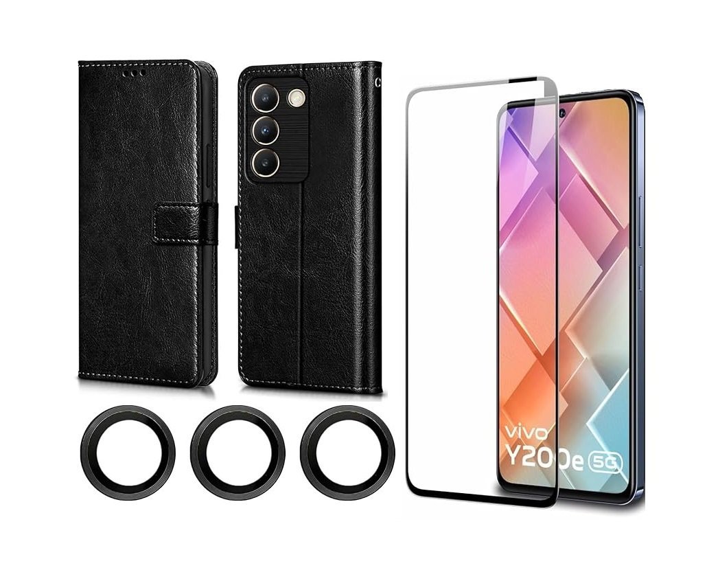 Combo pack for Vivo Y200e 5G / Vivo T3 5G Protection | Leather Finish Shockproof Flip Cover + Tempered Glass + Camera Lens Glass (Black) Combo pack for Vivo Y200e 5G / Vivo T3 5G Protection | Leather Finish Shockproof Flip Cover + Tempered Glass + Camera Lens Glass (Black)