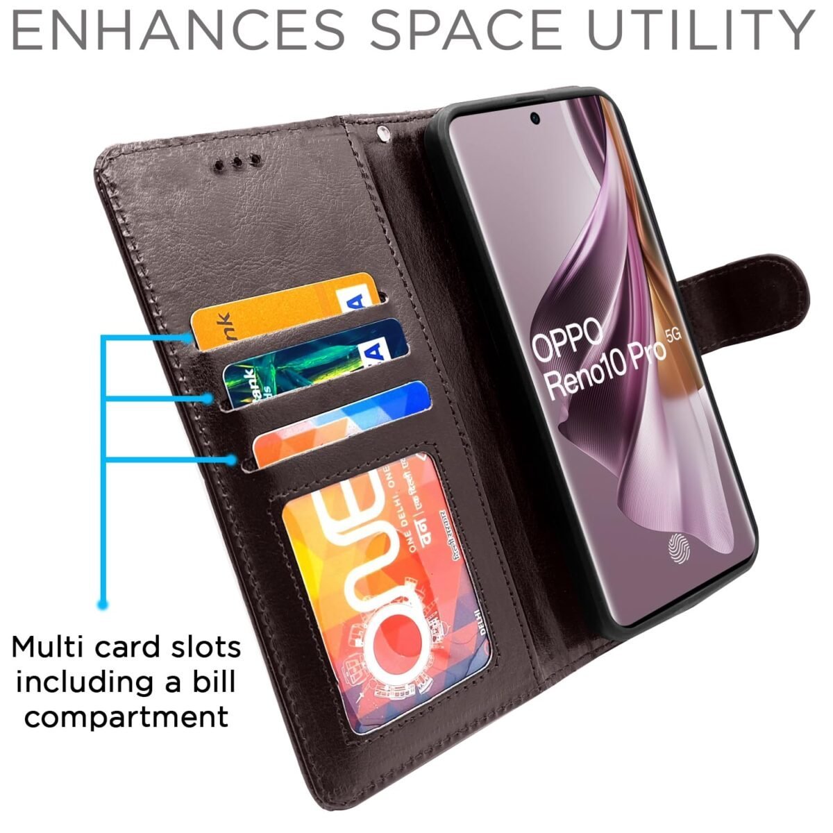 Oppo Reno 10 Pro 5G Flip Cover Leather Finish | Inside TPU with Card Pockets | Wallet Stand and Shock Proof | Complete Protection Flip Case (Coffee)