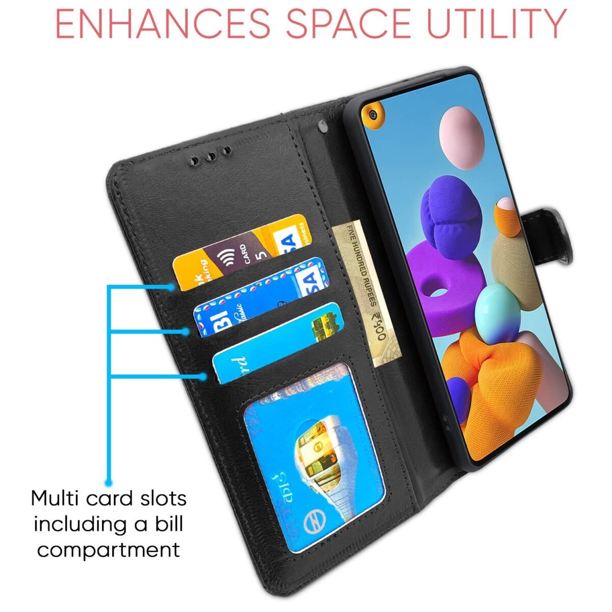 Samsung Galaxy A21s Flip Case Leather Finish | Inside TPU with Card Pockets | Wallet Stand and Shock Proof | Magnetic Closing | Complete Protection Flip Cover for Samsung Galaxy A21s (Black)