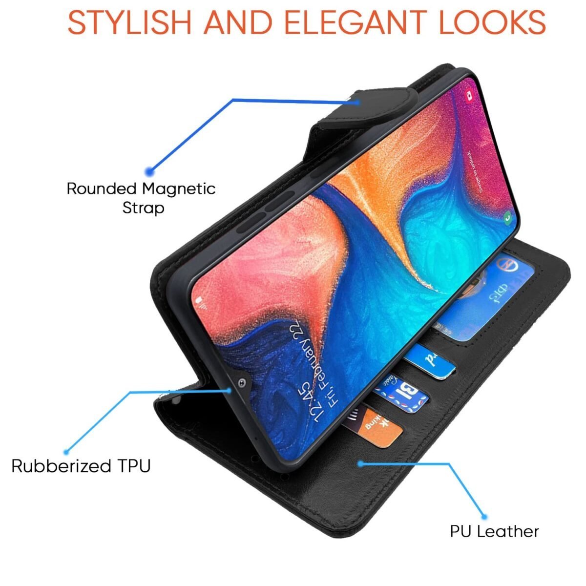 Samsung Galaxy A30 / A20 / M10s Flip Case Leather Finish | Inside TPU with Card Pockets | Wallet Stand and Shock Proof | Magnetic Closing | Complete Protection Flip Cover (Black)