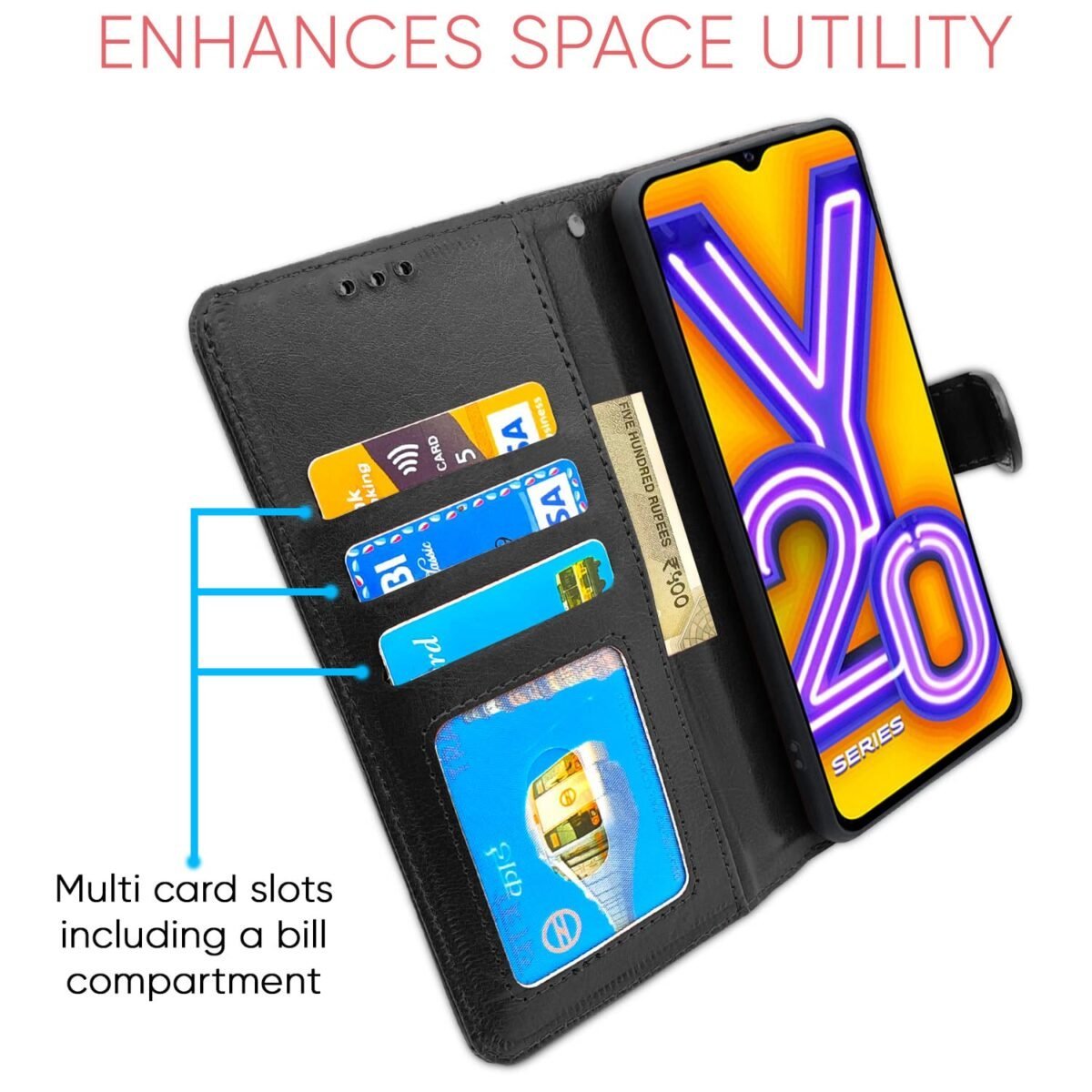 Vivo Y12s / Y20 / Y20i / Y20G Flip Case Leather Finish | Inside TPU with Card Pockets | Wallet Stand and Shock Proof | Magnetic Closing | Complete Protection Flip Cover (Black)