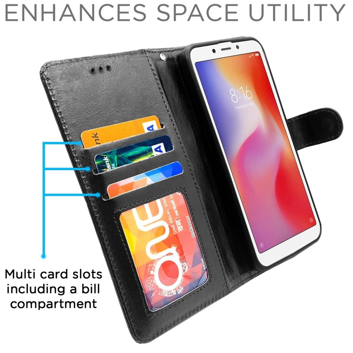 Redmi 6 Flip Cover Leather Finish | Inside TPU with Card Pockets | Wallet Stand and Shock Proof | Complete Protection Flip Case (Black)