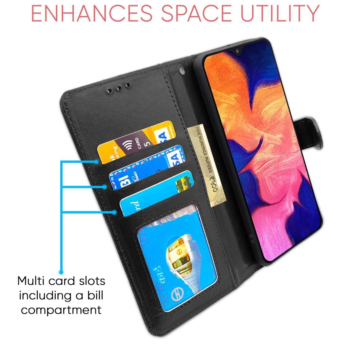 Samsung Galaxy A10 Flip Case Leather Finish | Inside TPU with Card Pockets | Wallet Stand and Shock Proof | Magnetic Closing | Complete Protection Flip Cover for Samsung Galaxy A10 (Black)