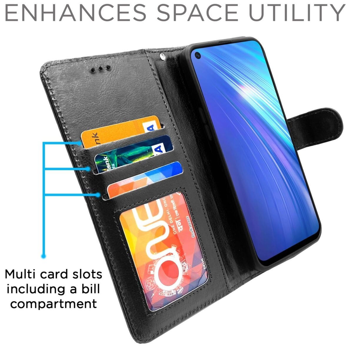 Realme 6 / 6i Flip Case Leather Finish | Inside TPU with Card Pockets | Wallet Stand and Shock Proof | Magnetic Closing | Complete Protection Flip Cover for Realme 6 / 6i (Black)
