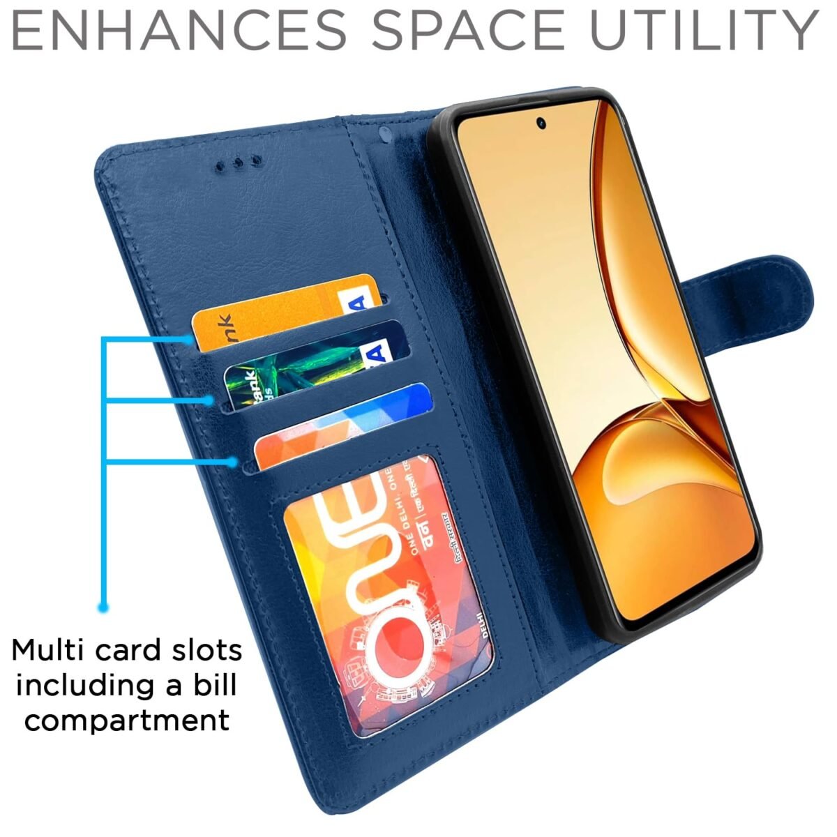 Flip Cover Leather Finish | Inside TPU with Card Pockets | Wallet Stand and Shock Proof | Complete Protection Flip Case for Realme C63 5G (Blue)