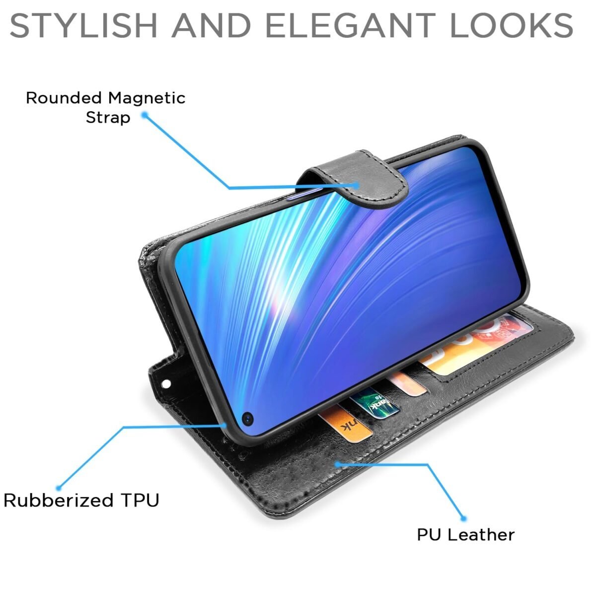 Realme 6 / 6i Flip Case Leather Finish | Inside TPU with Card Pockets | Wallet Stand and Shock Proof | Magnetic Closing | Complete Protection Flip Cover for Realme 6 / 6i (Black)