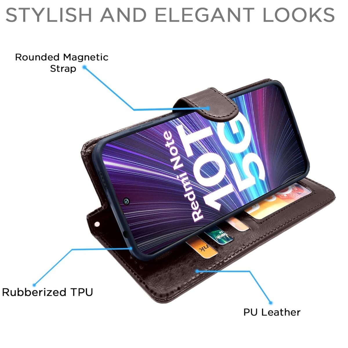 Mi Redmi Note 10T 5G / Poco M3 Pro 5G Flip Case Leather Finish | Inside TPU with Card Pockets | Wallet Stand and Shock Proof | Magnetic Closing | Complete Protection Flip Cover (Coffee)