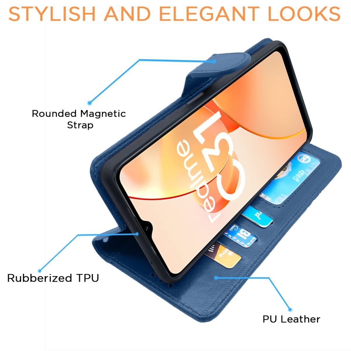 Realme C31 Flip Cover | PU Leather Finish | 360 Protection | Wallet & Stand | Strong Magnetic Flip Case for Realme C31 (Blue)