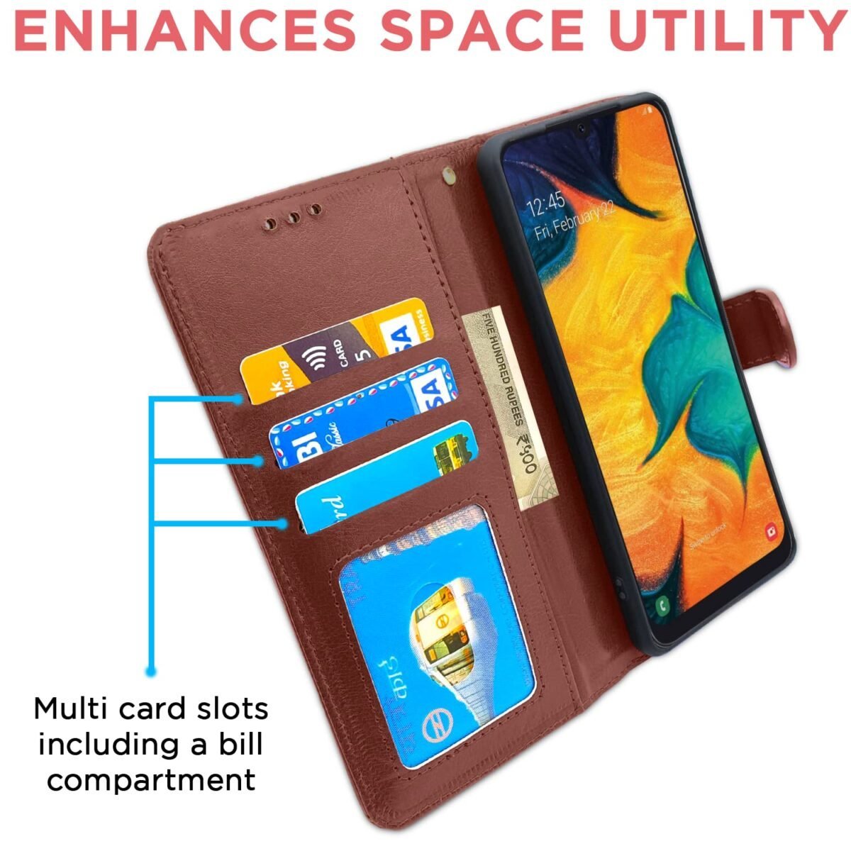 Samsung Galaxy A30 / A20 / M10s Flip Case Leather Finish | Inside TPU with Card Pockets | Wallet Stand and Shock Proof | Magnetic Closing | Complete Protection Flip Cover (Brown)