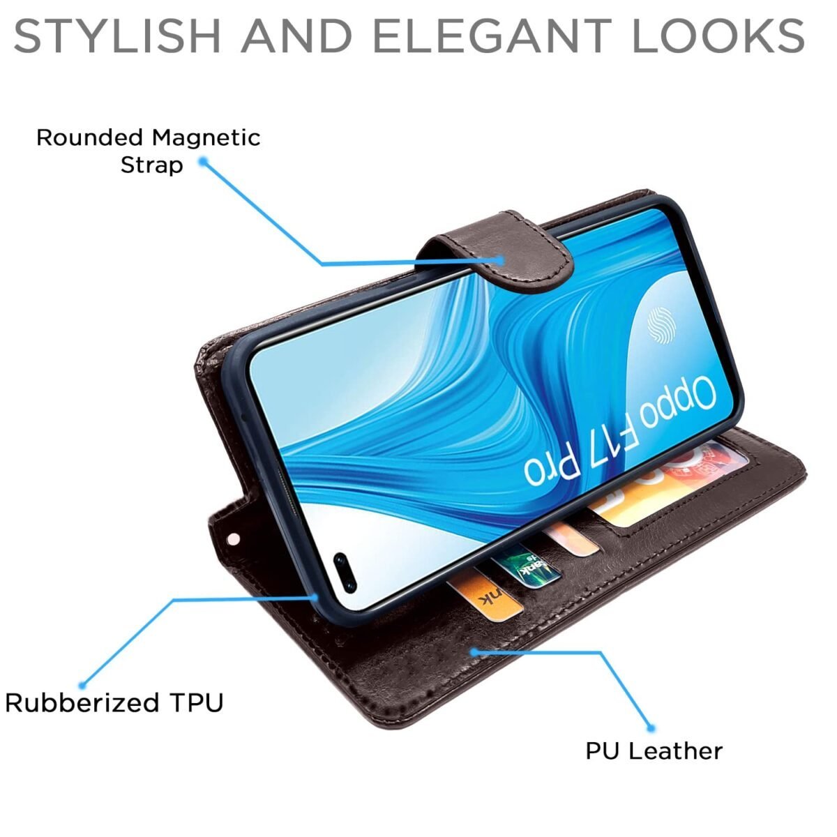 Oppo F17 Pro Flip Case Leather Finish | Inside TPU with Card Pockets | Wallet Stand and Shock Proof | Magnetic Closing | Complete Protection Flip Cover for Oppo F17 Pro (Coffee)