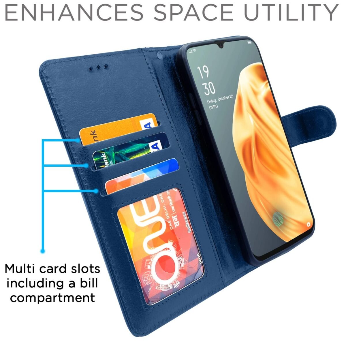 Flip Cover Leather Finish | Inside TPU with Card Pockets | Wallet Stand and Shock Proof | Complete Protection Flip Case for Oppo F15(Blue)