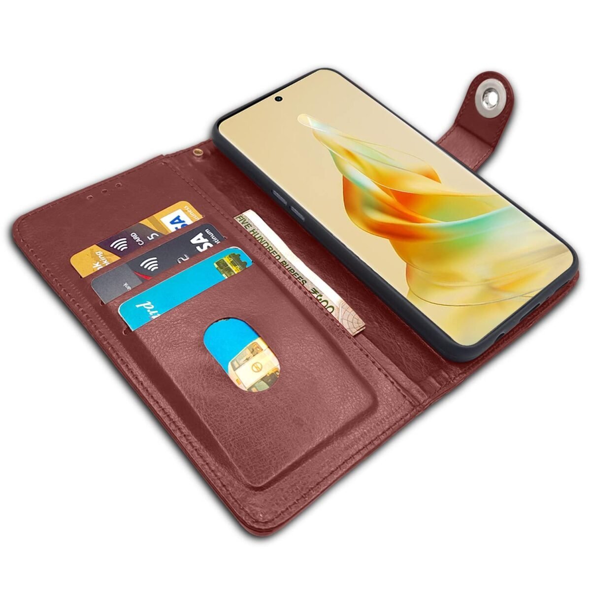 Oppo Reno 8T 5G Flip Cover Leather Finish | Inside TPU with Card Pockets | Wallet Stand and Shock Proof | Complete Protection Button Flip Case (Brown)