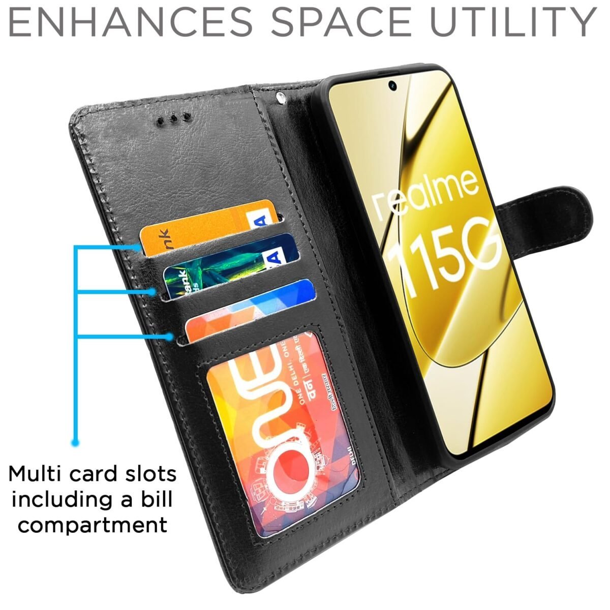 Realme 11 / 11X 5G / Narzo 60X 5G Flip Cover Leather Finish | Inside TPU with Card Pockets | Wallet Stand and Shock Proof | Complete Protection Flip Case (Black)