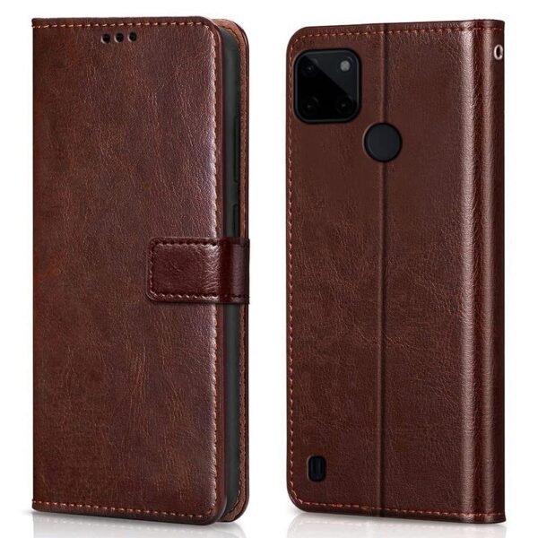 Shock Proof Flip Cover Back Case Cover for Realme C21Y | C21 | C25Y (Flexible | Leather Finish | Card Pockets Wallet & Stand | Chestnut Brown)