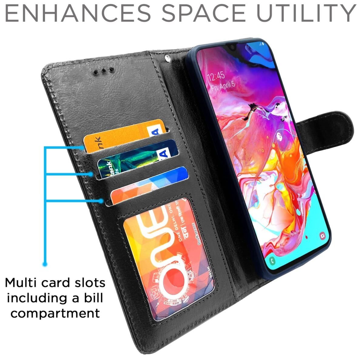 Samsung Galaxy A70 / A70s Flip Case Leather Finish | Inside TPU with Card Pockets | Wallet Stand and Shock Proof | Magnetic Closing | Complete Protection Flip Cover (Black)