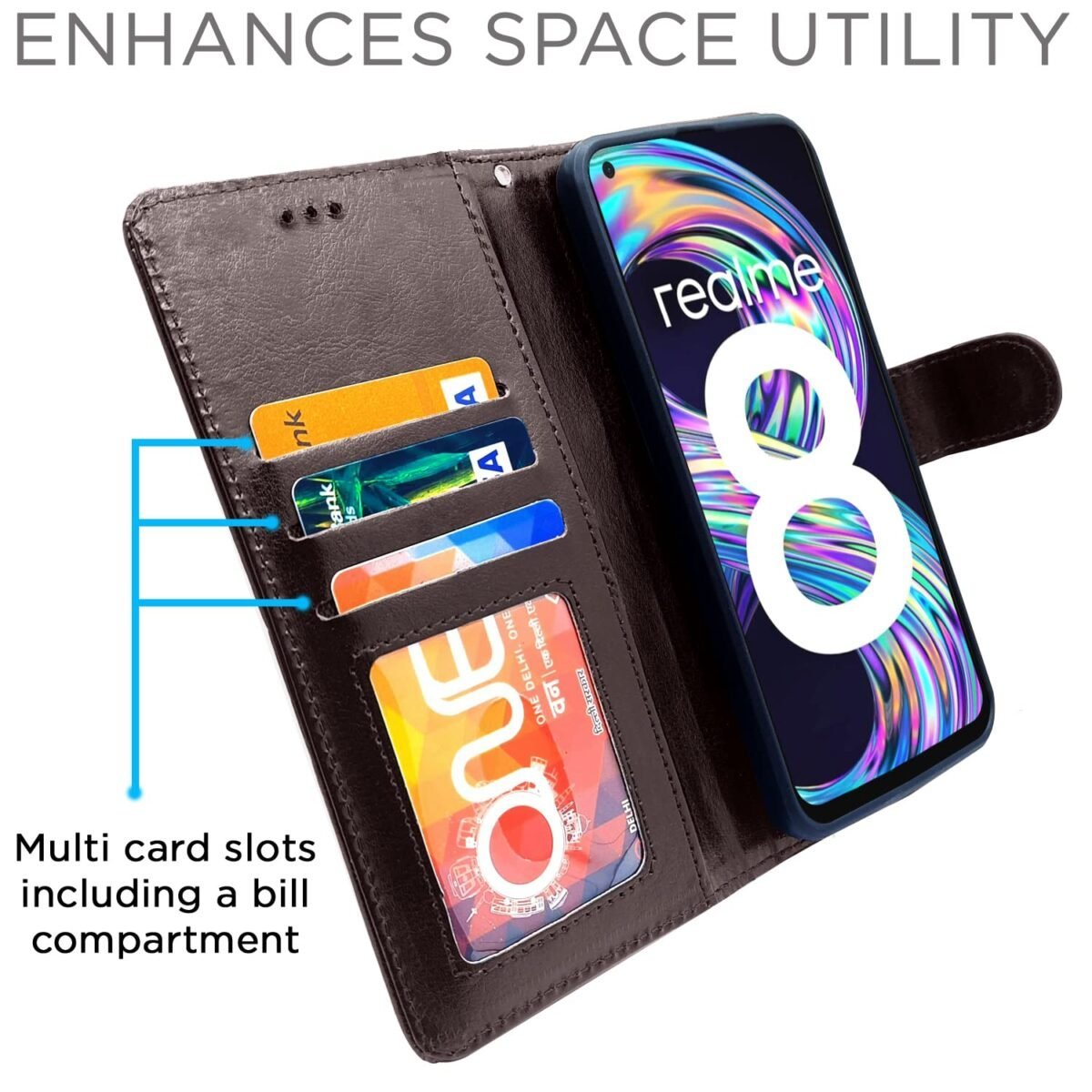 Realme 8 4G / 8 Pro Flip Case Leather Finish | Inside TPU with Card Pockets | Wallet Stand and Shock Proof | Magnetic Closing | Complete Protection Flip Cover for Realme 8 4G / 8 Pro (Brown)