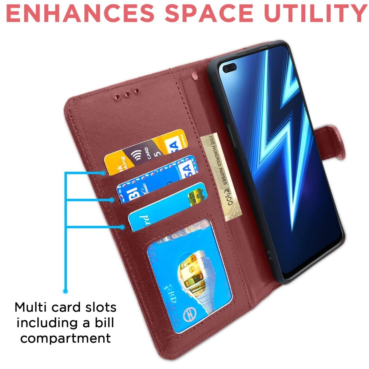 Realme 6 Pro Flip Case Leather Finish | Inside TPU with Card Pockets | Wallet Stand and Shock Proof | Magnetic Closing | Complete Protection Flip Cover for Realme 6 Pro (Brown)