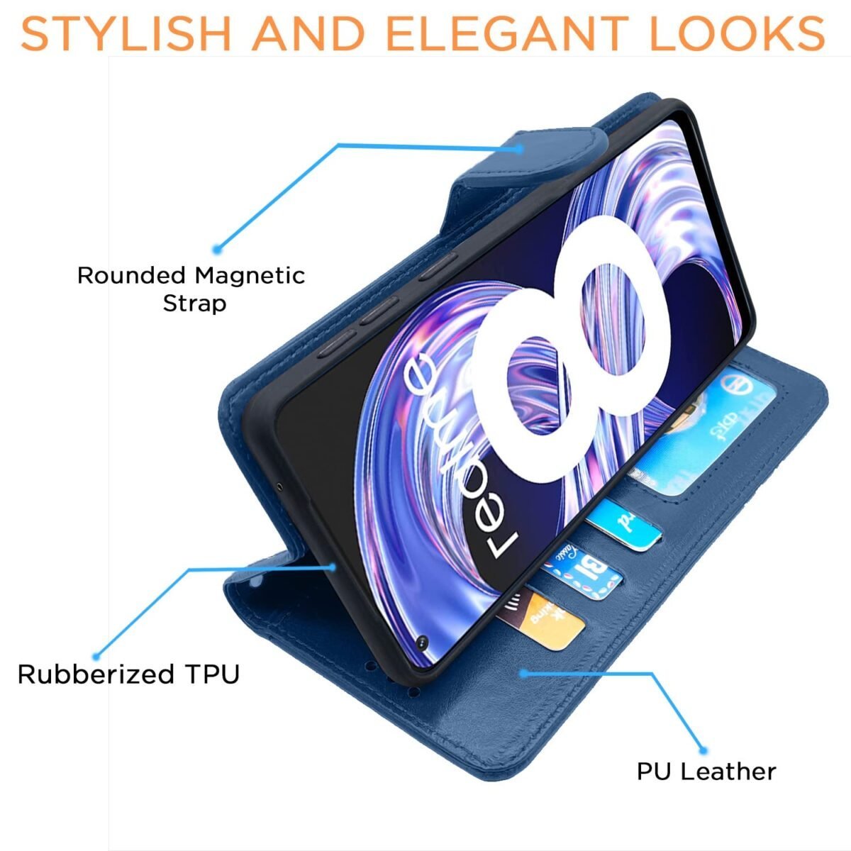 Realme 8 4G / 8 Pro Flip Case Leather Finish | Inside TPU with Card Pockets | Wallet Stand and Shock Proof | Magnetic Closing | Complete Protection Flip Cover for Realme 8 4G / 8 Pro (Blue)