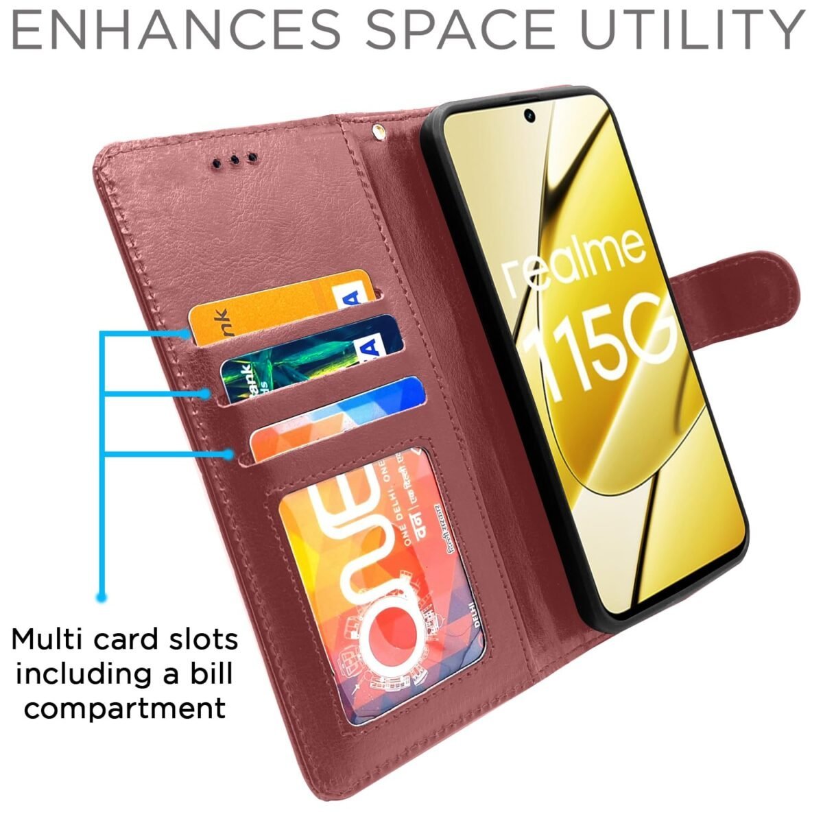 Realme 11 / 11X 5G / Narzo 60X 5G Flip Cover Leather Finish | Inside TPU with Card Pockets | Wallet Stand and Shock Proof | Complete Protection Flip Case (Brown)