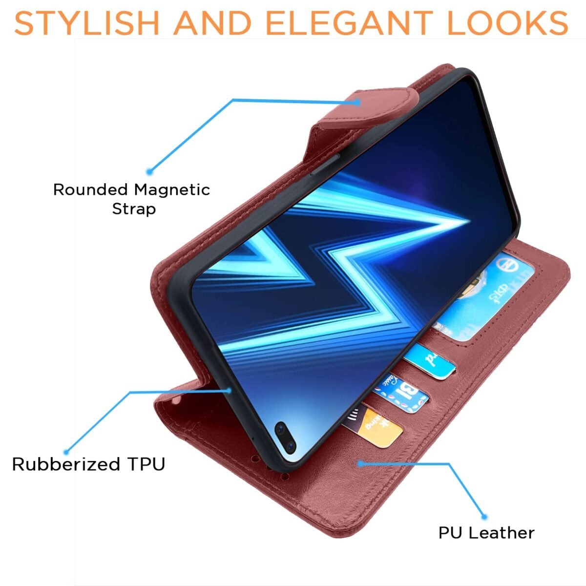 Realme 6 Pro Flip Case Leather Finish | Inside TPU with Card Pockets | Wallet Stand and Shock Proof | Magnetic Closing | Complete Protection Flip Cover for Realme 6 Pro (Brown)