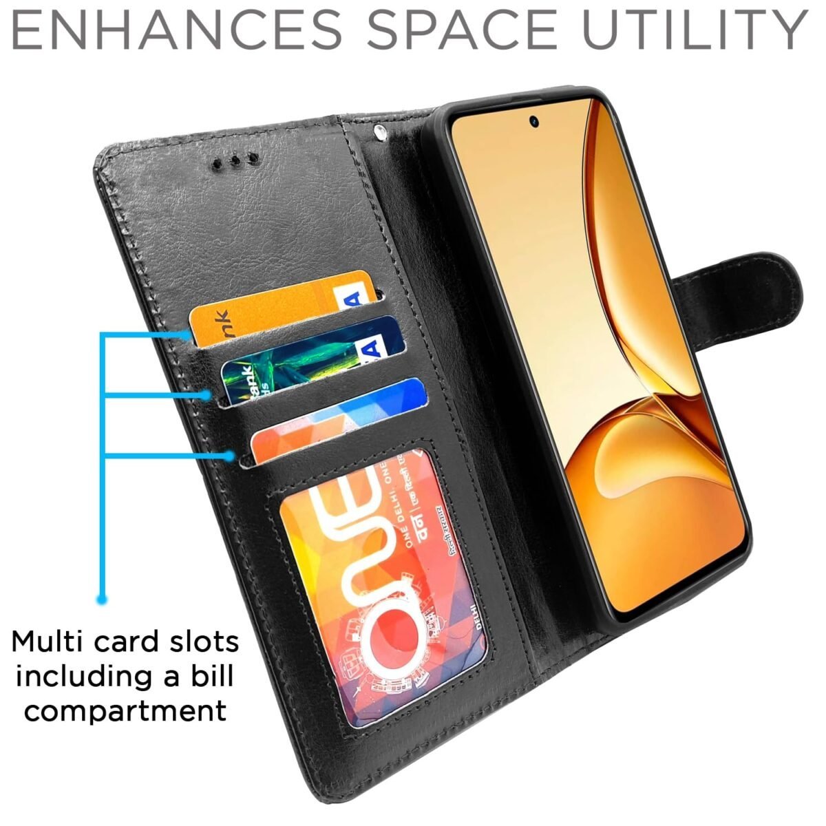 Flip Cover Leather Finish | Inside TPU with Card Pockets | Wallet Stand and Shock Proof | Complete Protection Flip Case for Realme C63 5G (Black)