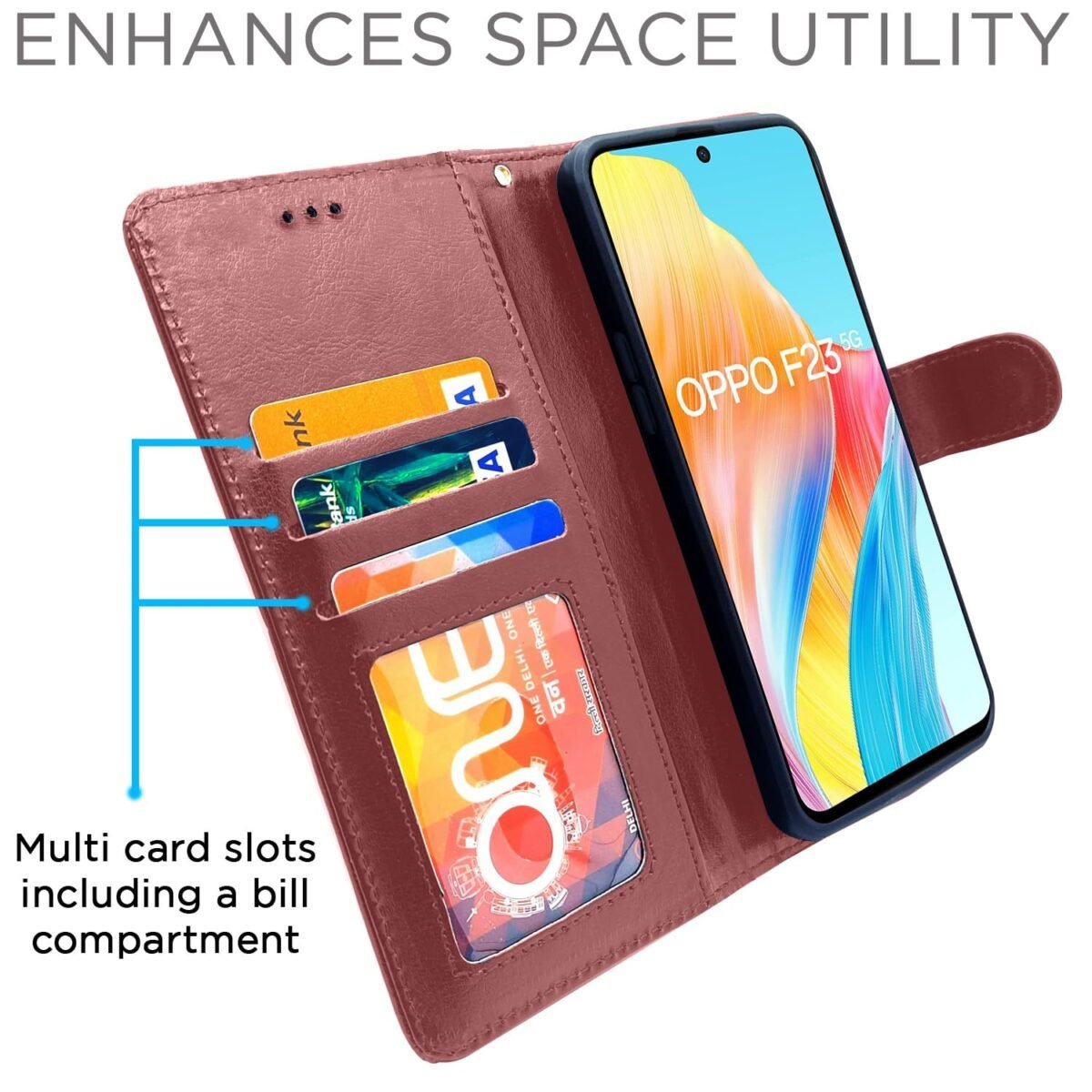 Oppo F23 5G Flip Cover Leather Finish | Inside TPU with Card Pockets | Wallet Stand and Shock Proof | Complete Protection Flip Case (Brown)