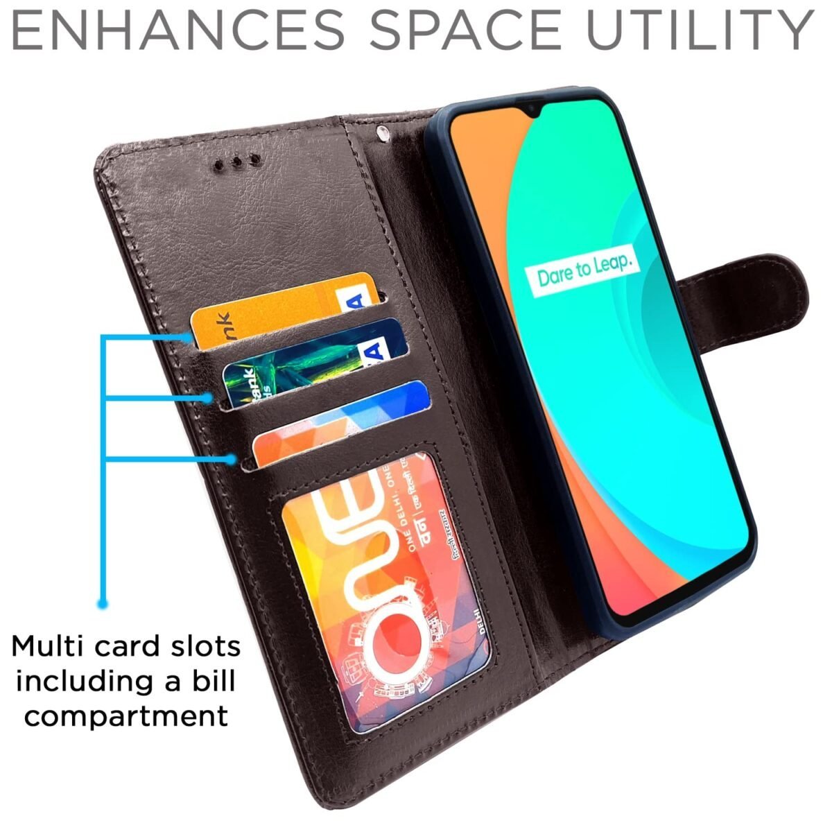 Realme C20 Flip Case Leather Finish | Inside TPU with Card Pockets | Wallet Stand and Shock Proof | Magnetic Closing | Complete Protection Flip Cover for Realme C20 (Coffee)