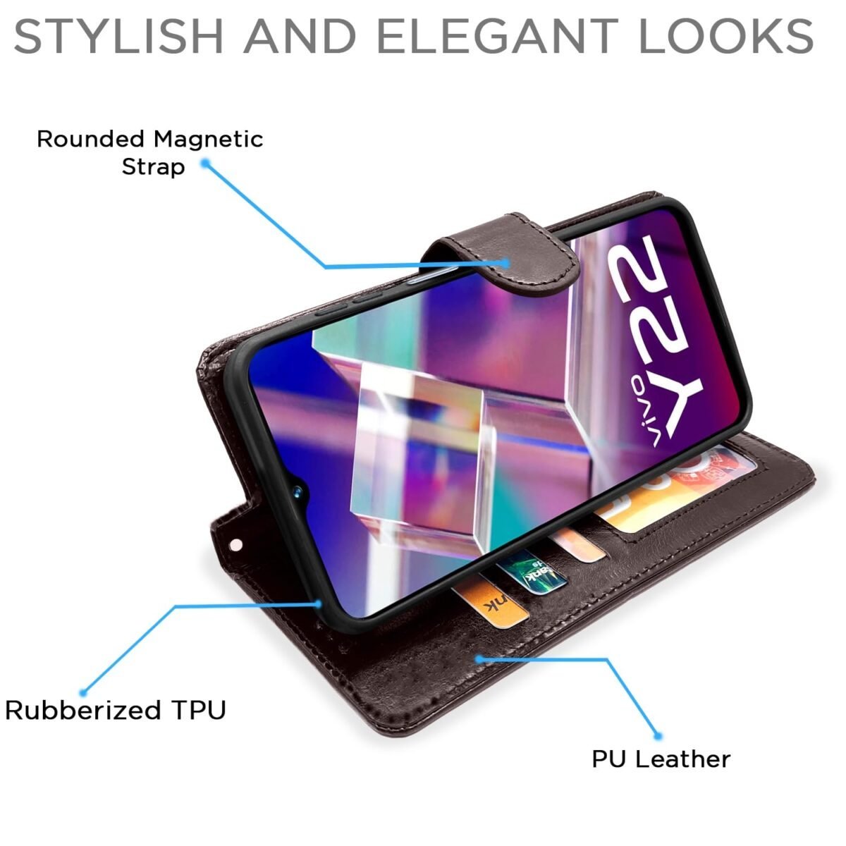 Vivo Y22 Flip Case Leather Finish | Inside TPU with Card Pockets | Wallet Stand and Shock Proof | Magnetic Closing | Complete Protection Flip Cover for Vivo Y22 (Coffee)