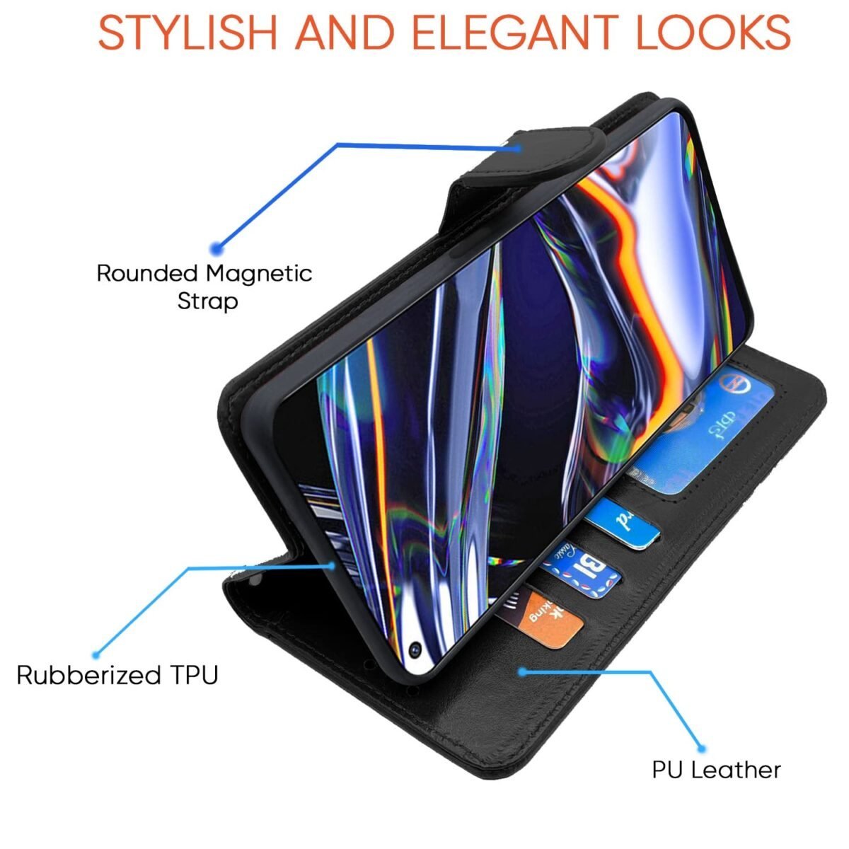 Realme 7 Pro Flip Case Leather Finish | Inside TPU with Card Pockets | Wallet Stand and Shock Proof | Magnetic Closing | Complete Protection Flip Cover for Realme 7 Pro (Black)