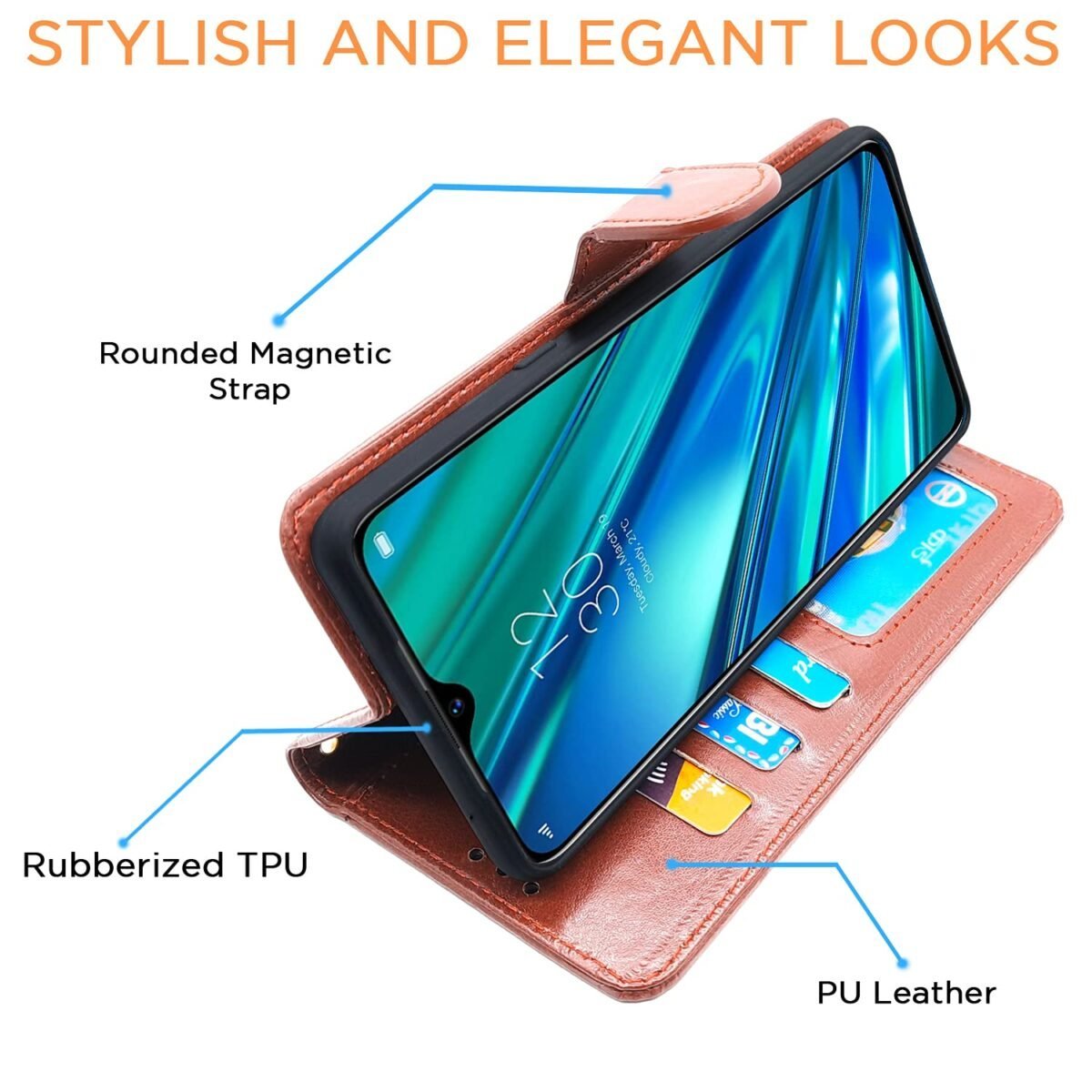 RealMe 5 / 5s / 5i Flip Cover Leather Finish | Inside TPU with Card Pockets | Wallet Stand and Shock Proof | Magnetic Closing | Complete Protection Flip Case (Brown)