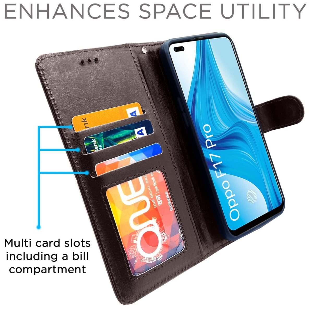 Oppo F17 Pro Flip Case Leather Finish | Inside TPU with Card Pockets | Wallet Stand and Shock Proof | Magnetic Closing | Complete Protection Flip Cover for Oppo F17 Pro (Coffee)