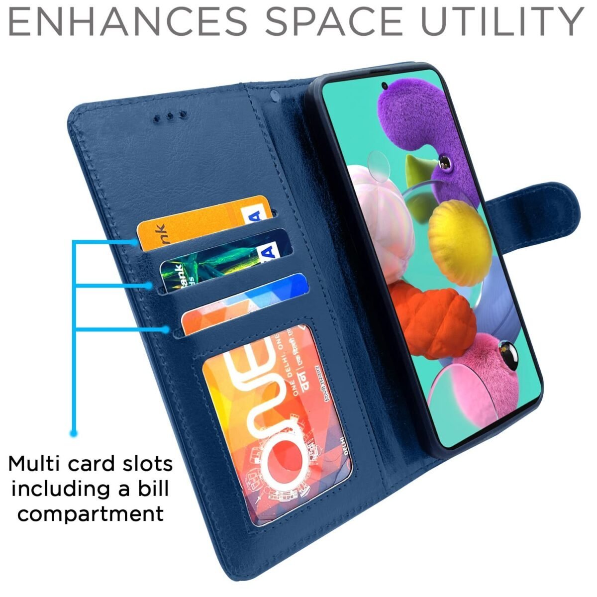 Samsung Galaxy A51 Flip Cover Magnetic Leather Wallet Case Shockproof TPU for Samsung Galaxy A51 (Blue)