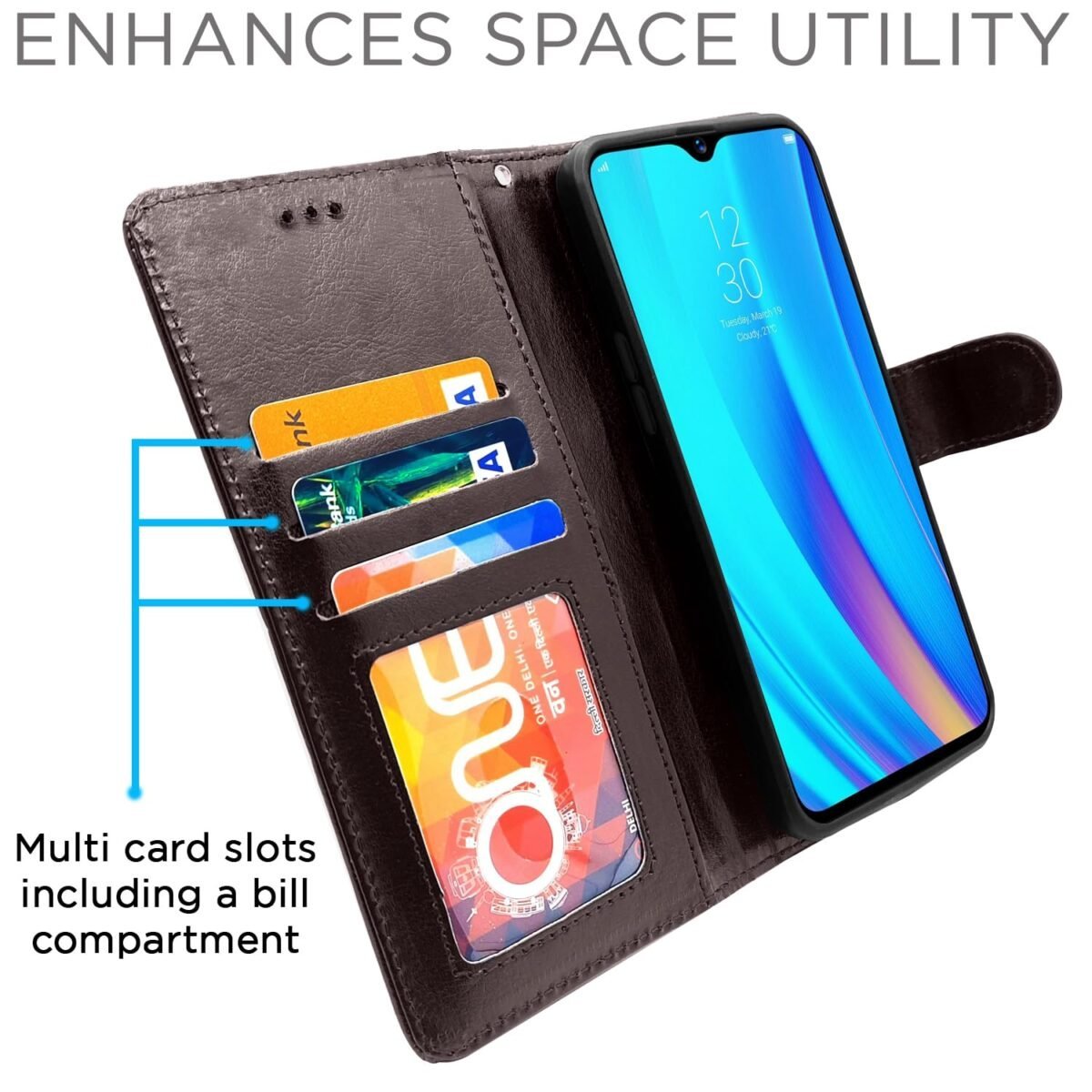 Realme 3 Pro Flip Cover Leather Finish | Inside TPU with Card Pockets | Wallet Stand and Shock Proof | Complete Protection Flip Case (Coffee)