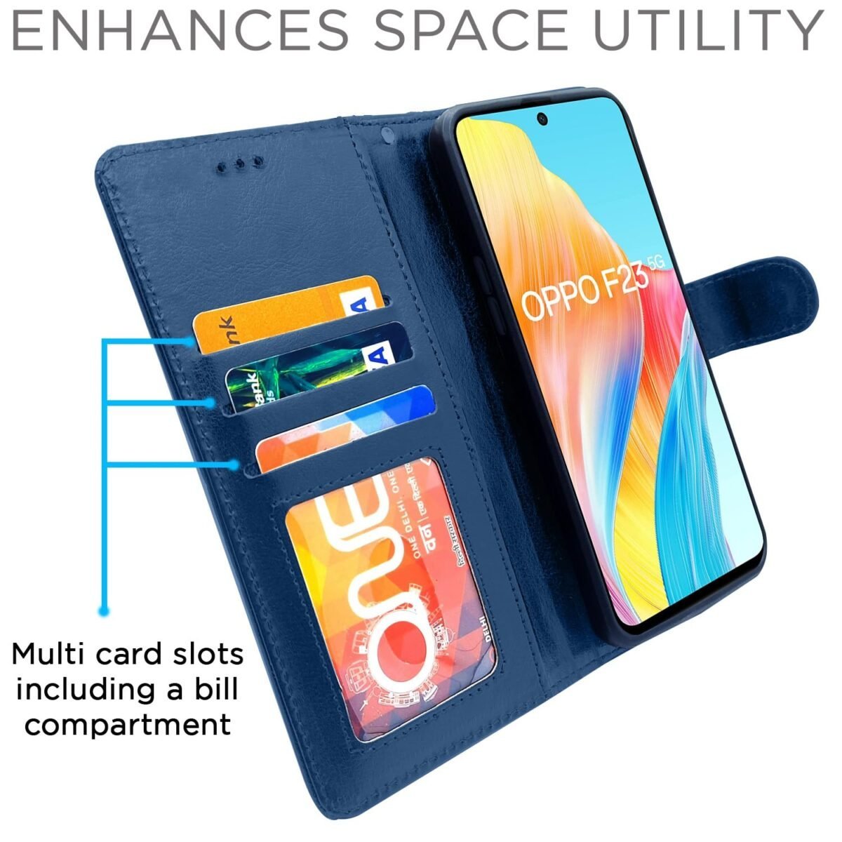 Oppo F23 5G Flip Cover Leather Finish | Inside TPU with Card Pockets | Wallet Stand and Shock Proof | Complete Protection Flip Case (Blue)