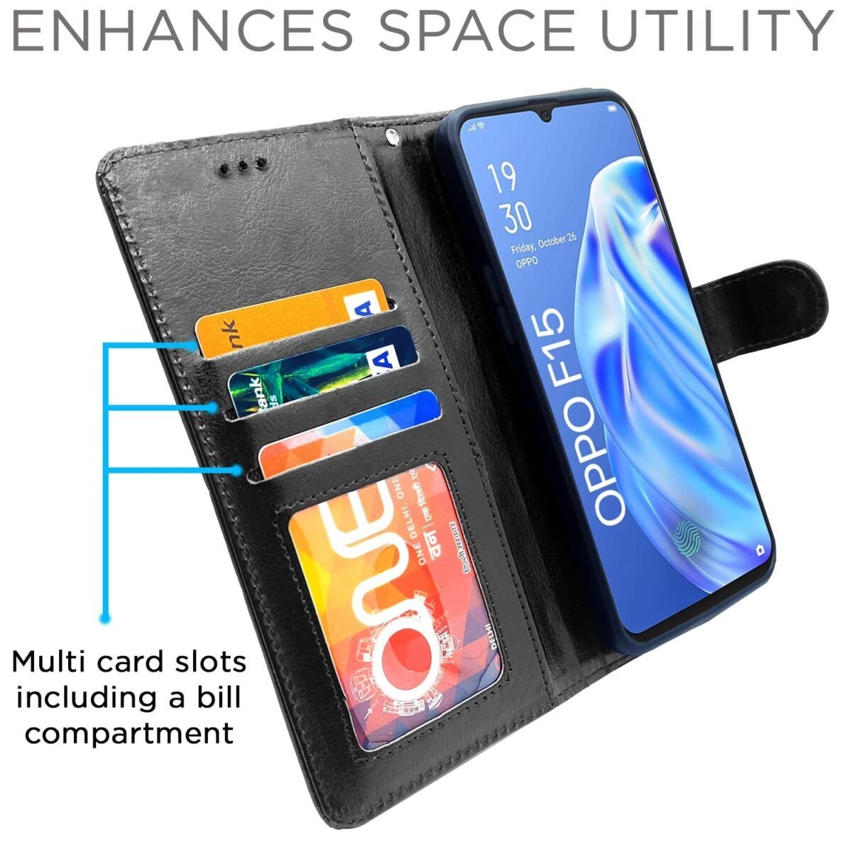 Flip Cover Leather Finish | Inside TPU with Card Pockets | Wallet Stand and Shock Proof | Complete Protection Flip Case for Oppo F15(Black)