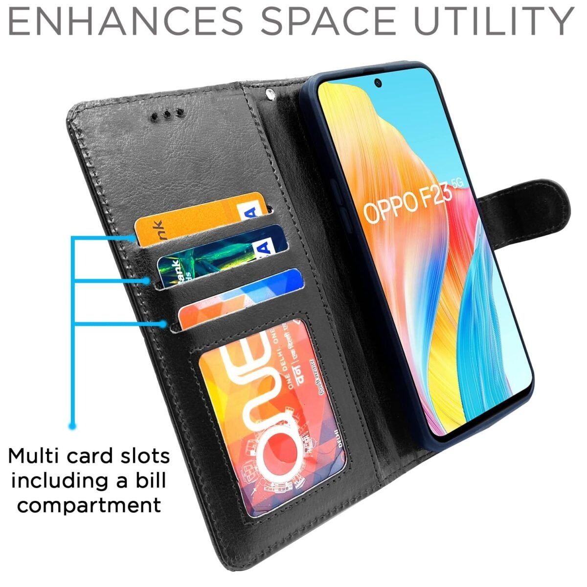 Oppo F23 5G Flip Cover Leather Finish | Inside TPU with Card Pockets | Wallet Stand and Shock Proof | Complete Protection Flip Case (Black)