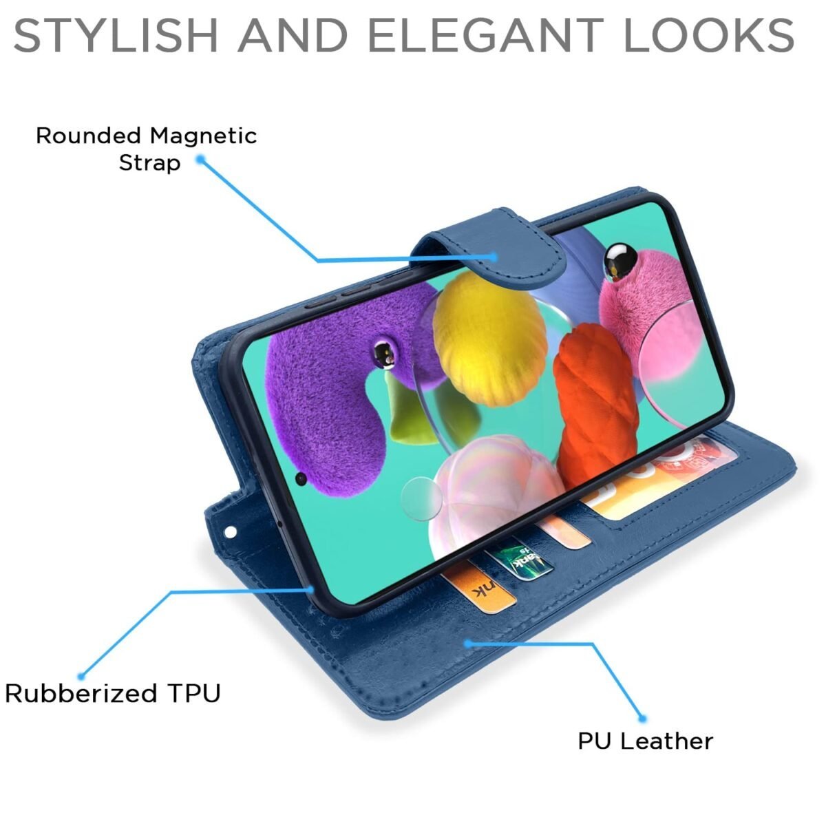 Samsung Galaxy A51 Flip Cover Magnetic Leather Wallet Case Shockproof TPU for Samsung Galaxy A51 (Blue)