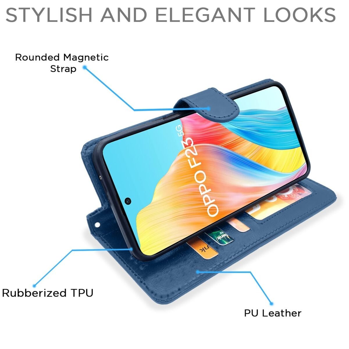 Oppo F23 5G Flip Cover Leather Finish | Inside TPU with Card Pockets | Wallet Stand and Shock Proof | Complete Protection Flip Case (Blue)