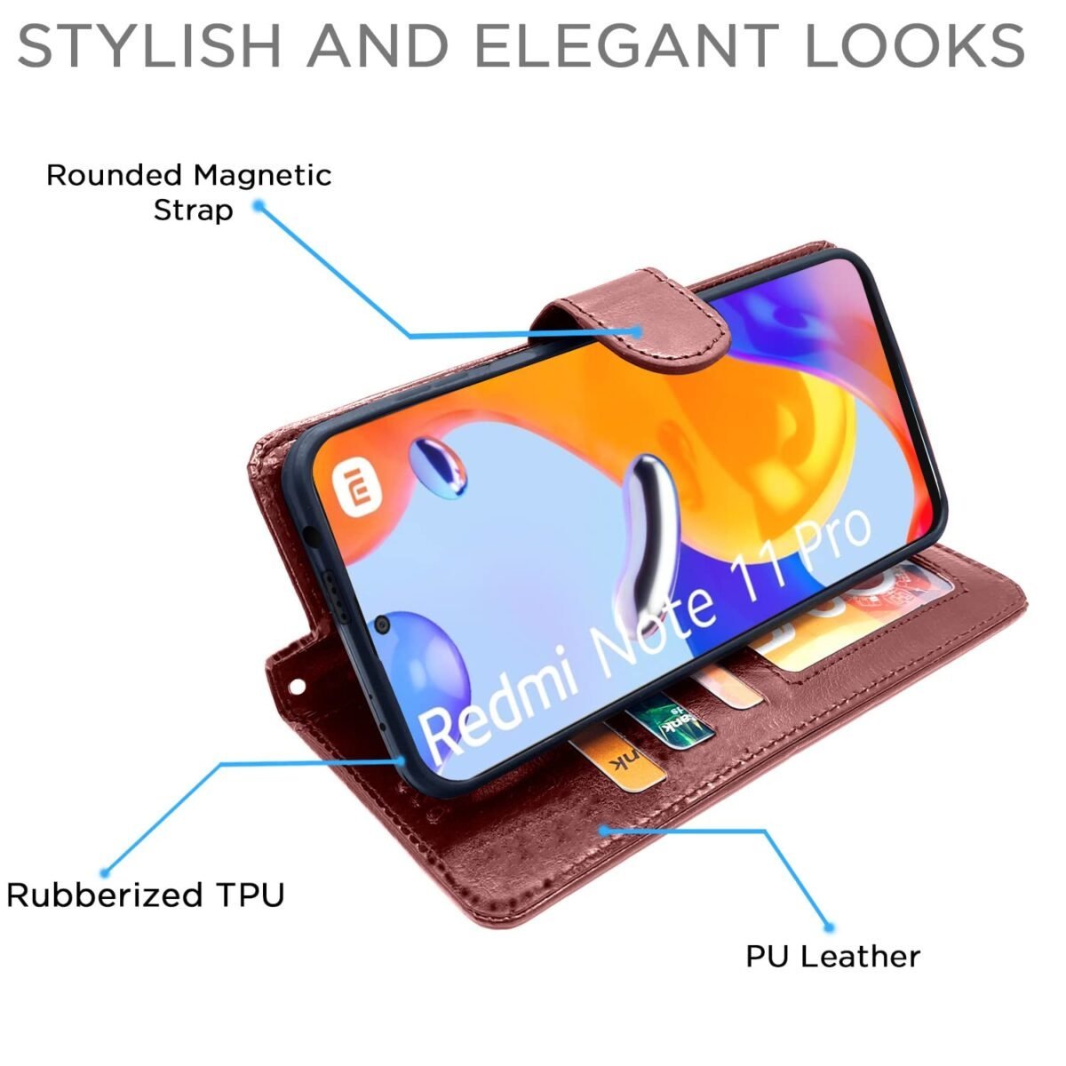 Mi Redmi Note 11 Pro/Pro Plus 5G Flip Cover | PU Leather Finish | 360 Protection | Wallet & Stand | Strong Magnetic Flip Case for Mi Redmi Note 11 Pro/Pro Plus 5G (Brown)