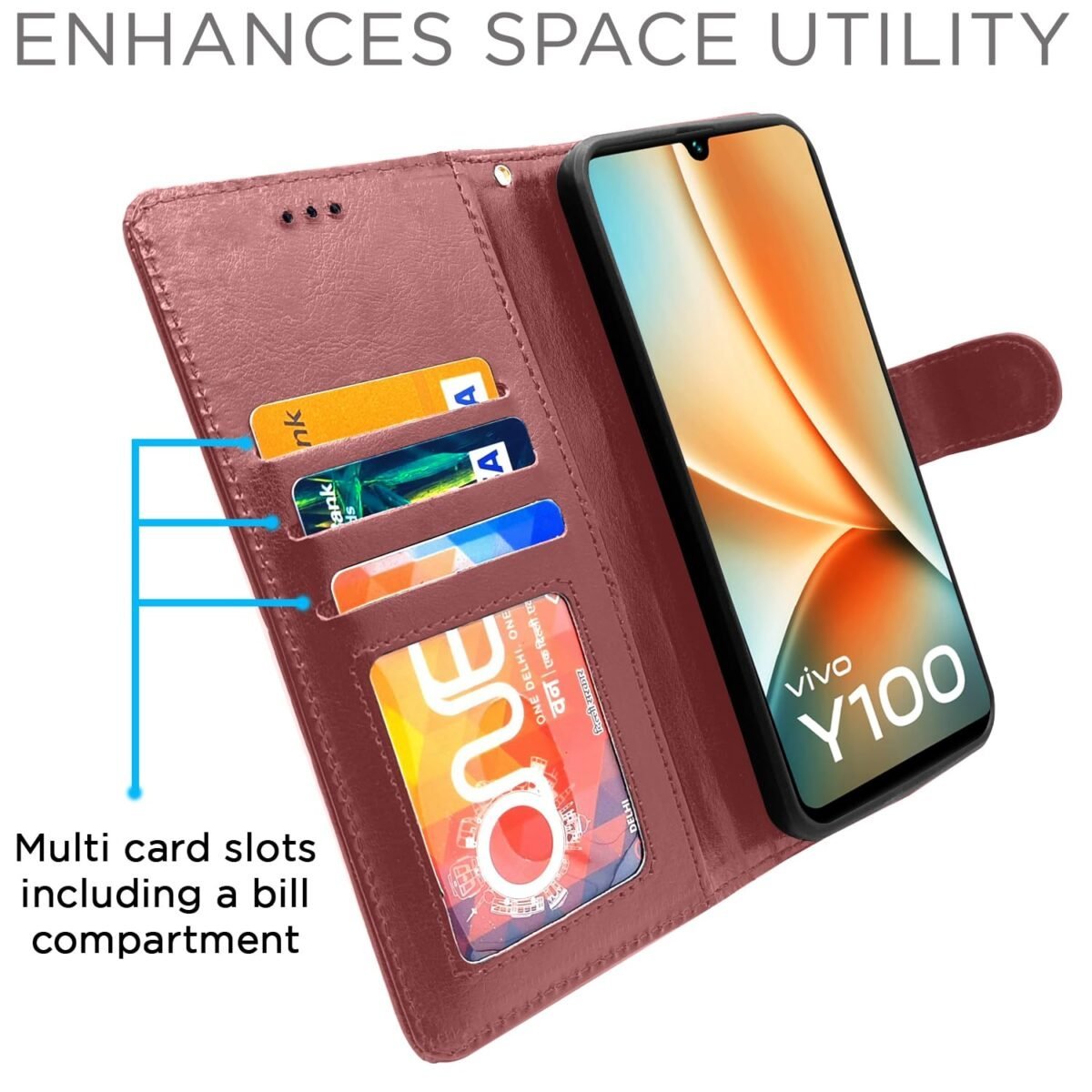 Vivo Y100 5G Flip Cover Leather Finish | Inside TPU with Card Pockets | Wallet Stand and Shock Proof | Complete Protection Flip Case (Brown)